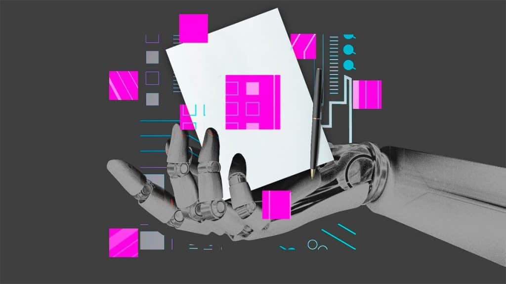 Ilustração de mão robótica segurando folha de papel com quadrados rosas em volta