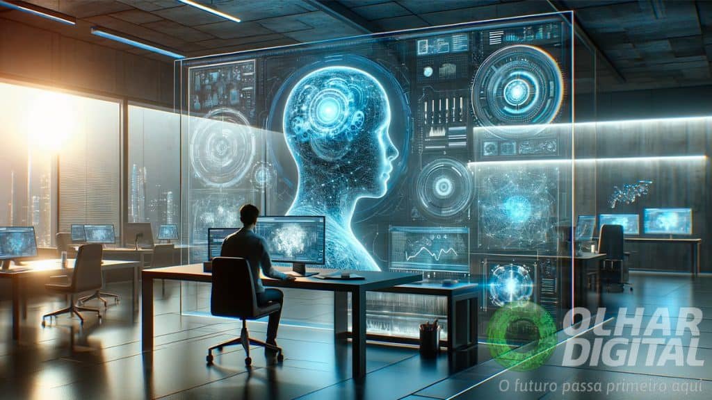 Ilustração de pessoa trabalhando em escritório futurístico usando inteligência artificial