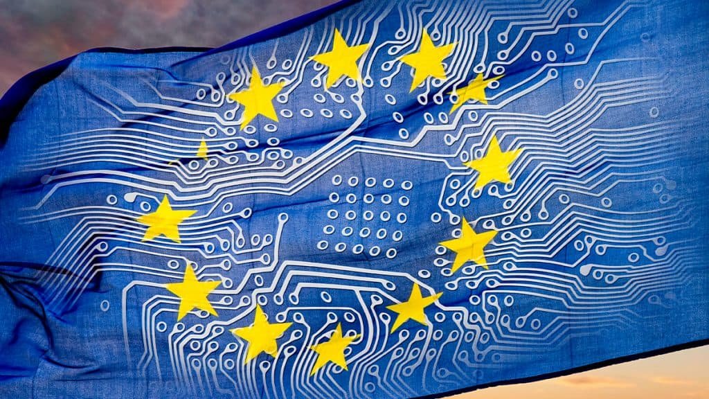 Montagem de bandeira da União Europeia com chip usado por big techs
