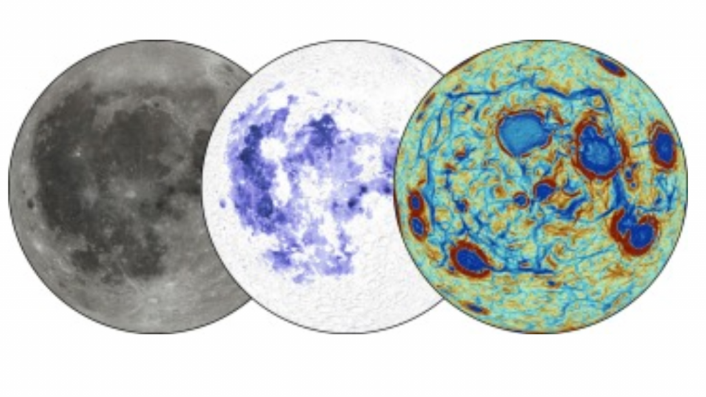 A primeira iagem esquerda mostra uma visão tradicional da Lua a segunda as anomalias gravitaiconais e a última vestígios de material denso que afundou no interior da lua Crédito Adrien BroquetUniversidade do Arizona