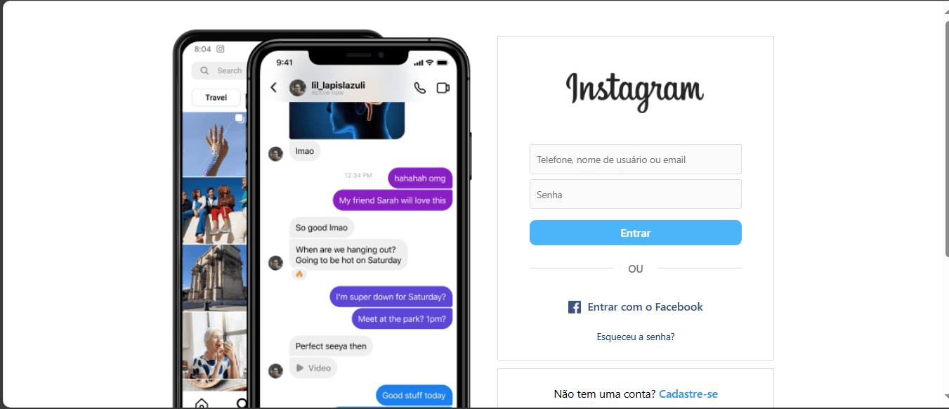 imagem mostra a tela de login do site do instagram