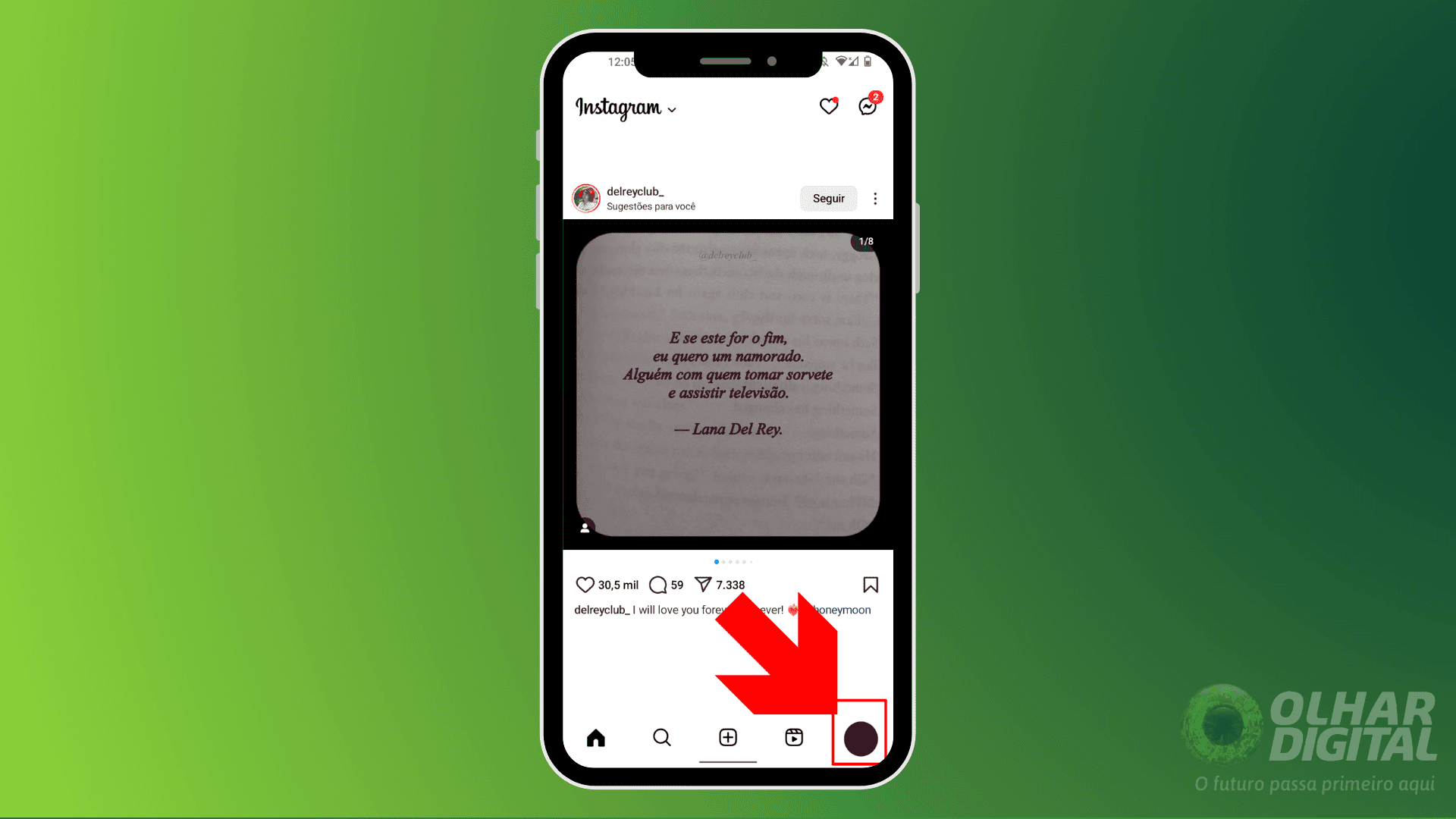 imagem mostra uma seta apontando para a miniatura da foto de perfil no feed do instagram