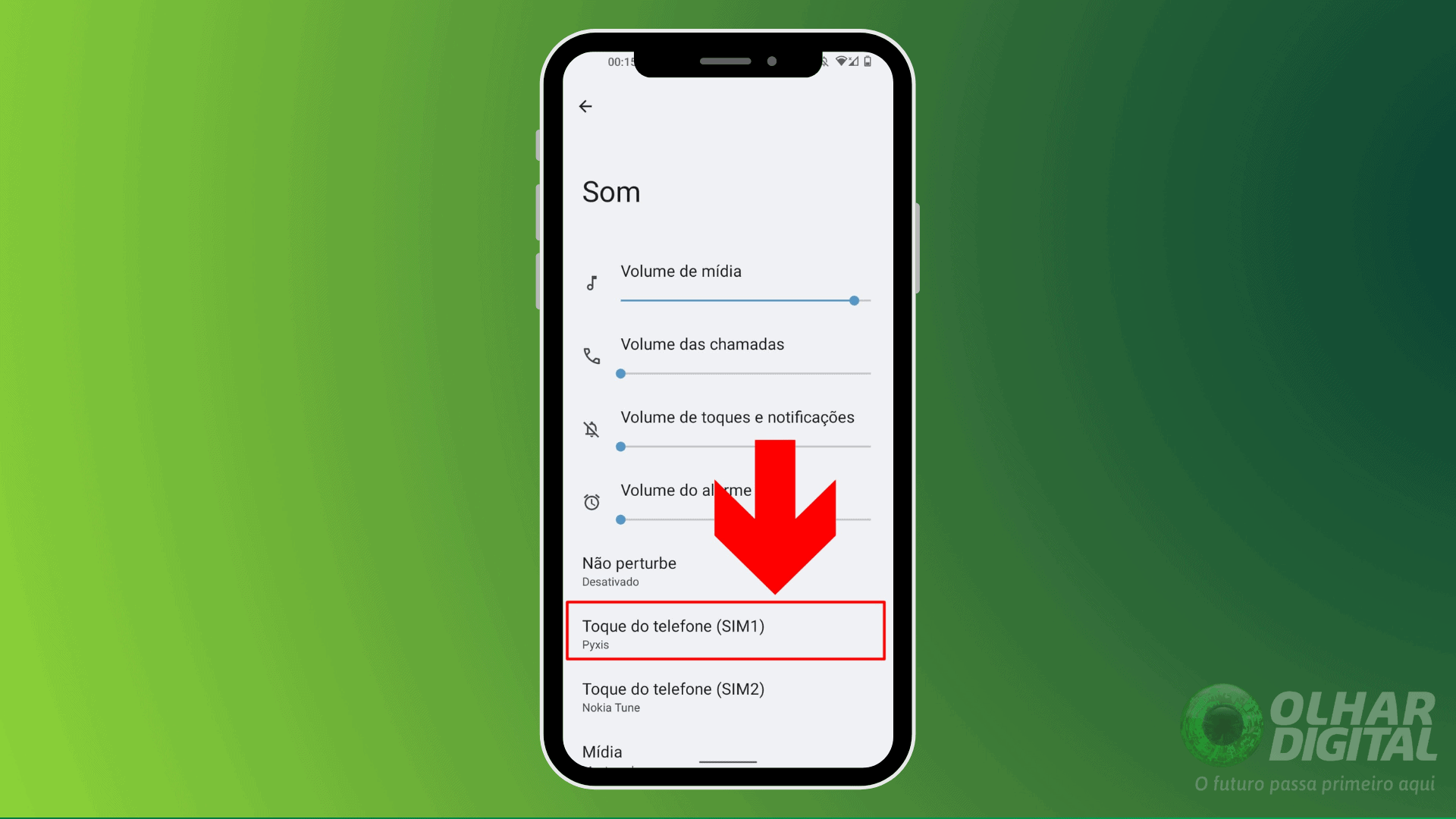 imagem mostra seta apontando para o chip SIM1 em um celular android