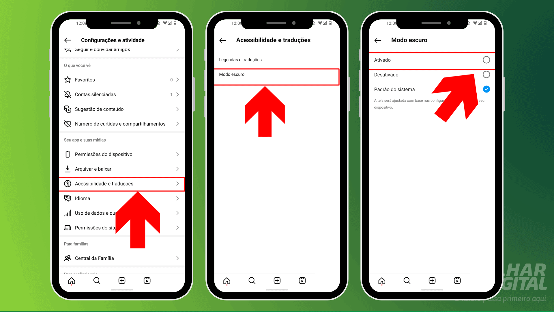 imagem mostra os botões necessários para ativar o modo escuro no instagram