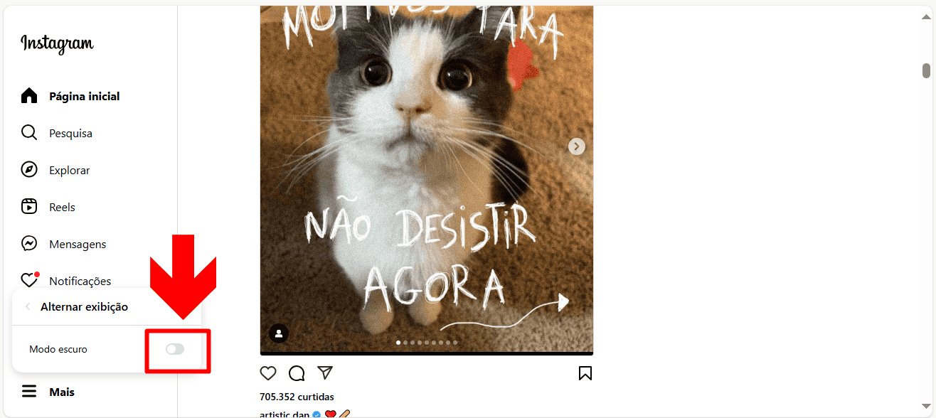 imagem mostra o botão para ativar e desativar o modo escuro no instgram