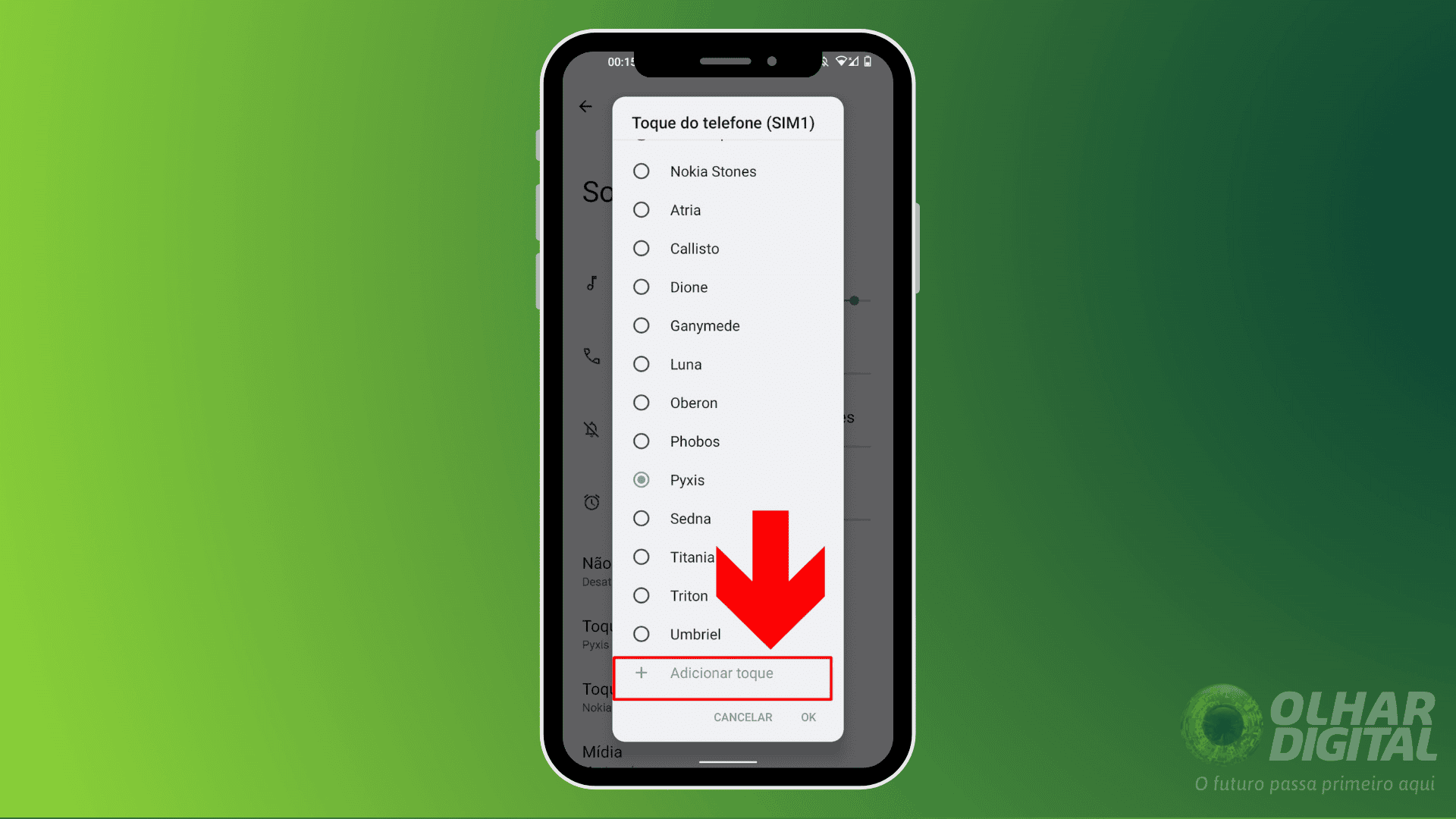 imagem mostra seta apontando para um botão que permite adicionar um novo ringtone para o celular android