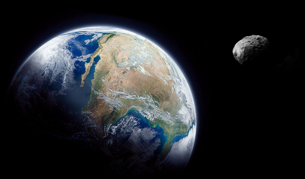 Representação artística de um asteroide passando perto da Terra