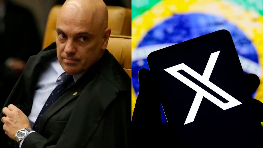 Montagem com fotos do ministro Alexandre de Moraes do STF e de pessoa segurando celular com logomarca do XTwitter na tela e ao fundo uma imagem da bandeira do Brasil