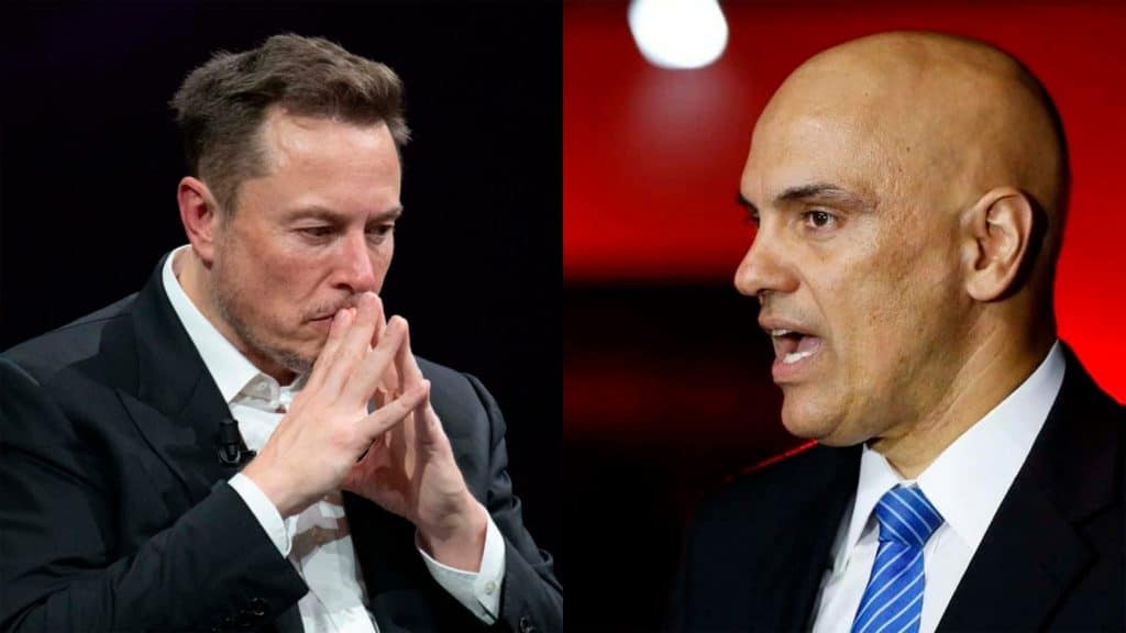 Montagem com fotos de Elon Musk e Alexandre de Moraes