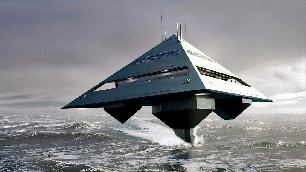 Ilustração de iate que parece nave do Star Wars visto de lado andando no oceano