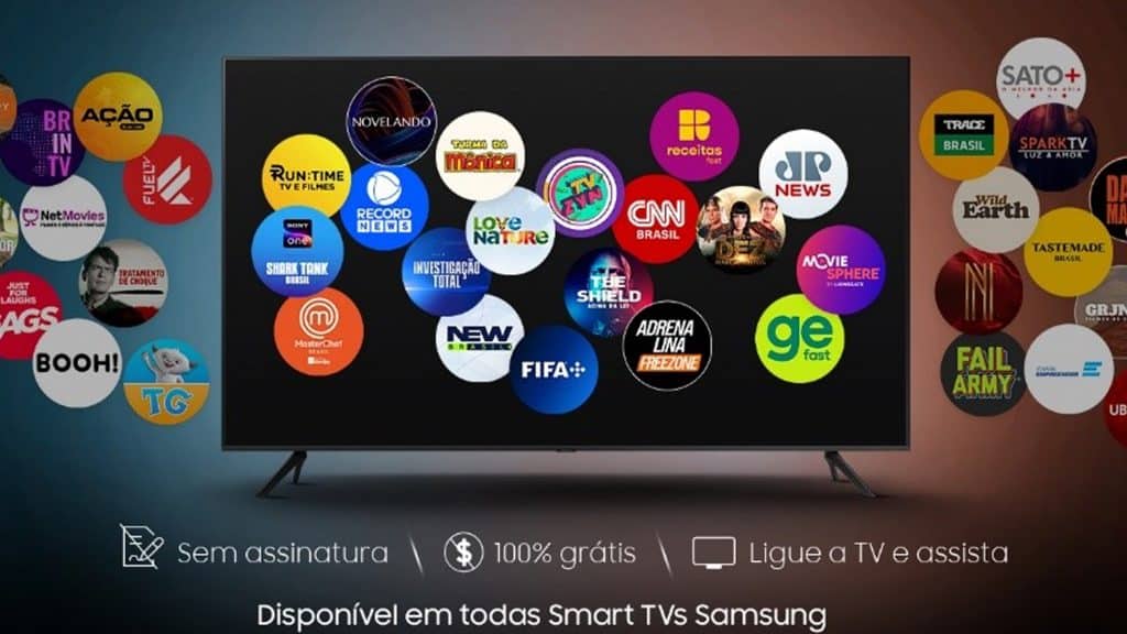 Montagem sobre canais de graça no Samsung TV Plus