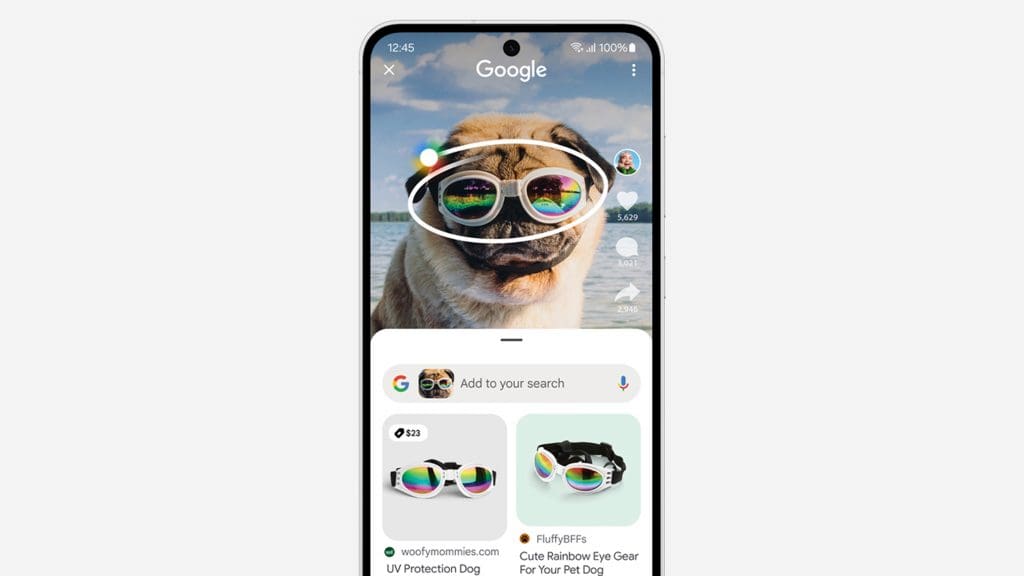 Montagem de recurso Circule para Pesquisar sendo usado em foto de cachorro da raça pug usando óculos de sol na praia num Samsung Galaxy S24 FE