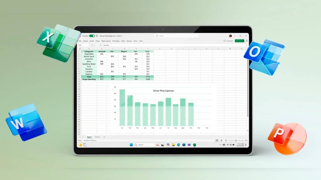 Montagem com tablet com Excel do Microsoft Office 2024 aberto