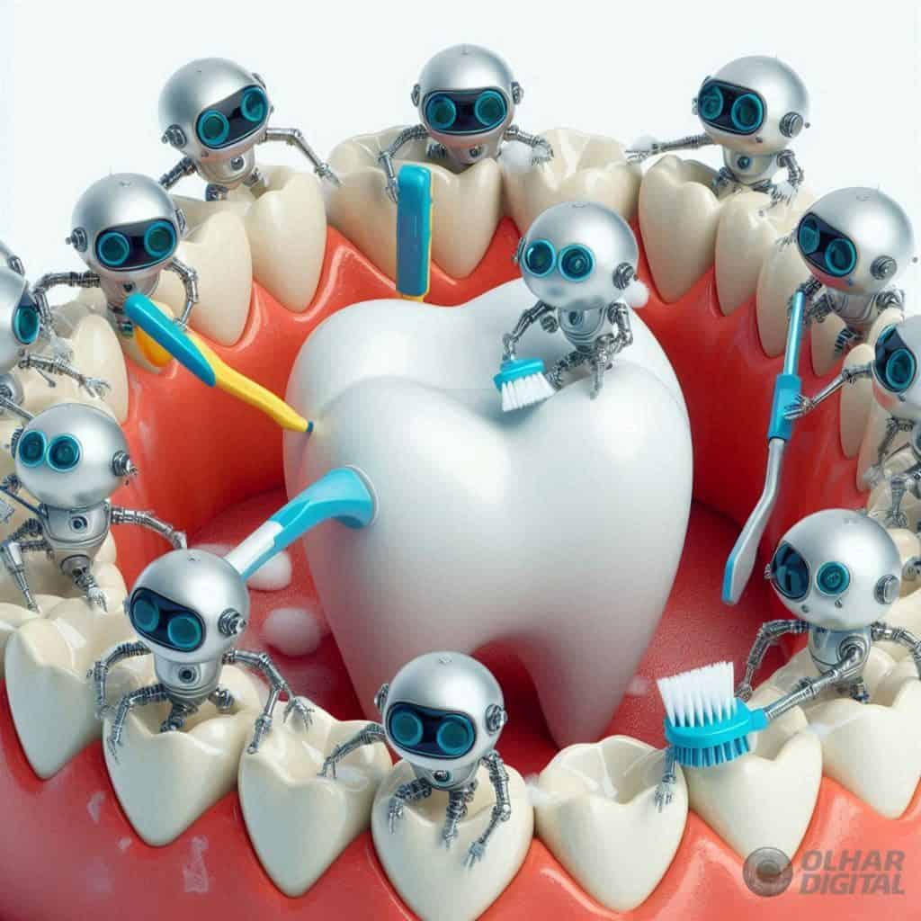 Ilustração de nanorrobôs limpando dentes